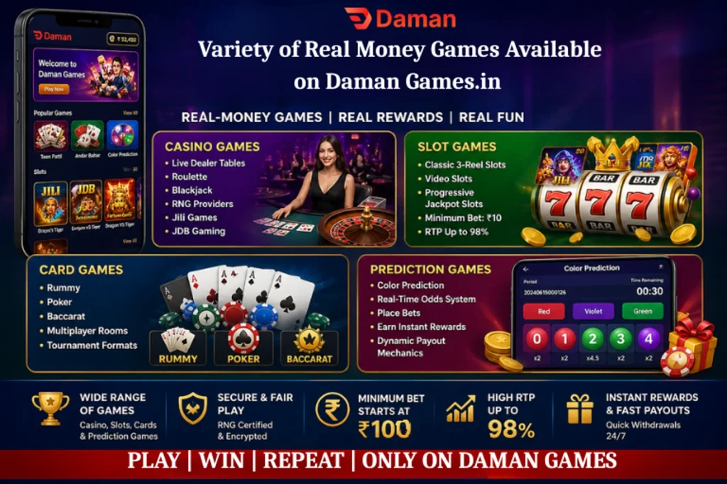 Daman Games real money casino slot card and prediction games platform